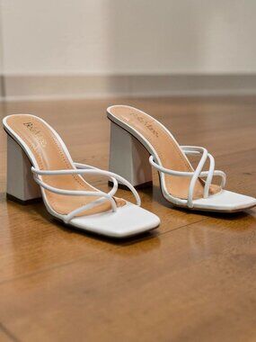 Womens White Strappy Block Heel Sandals With Square Toe Design